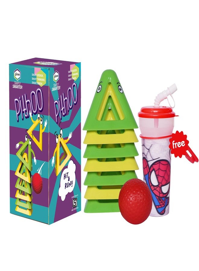 Gluman Pitthu Game | Pithoo Stacking Set | Lagori | Triangle Pyramid with Soft Ball | Fun Indoor Outdoor Seven Stones Game with Disney Sipper | Ages 6 and Above | Waterproof (Green & Yellow) - Image 1
